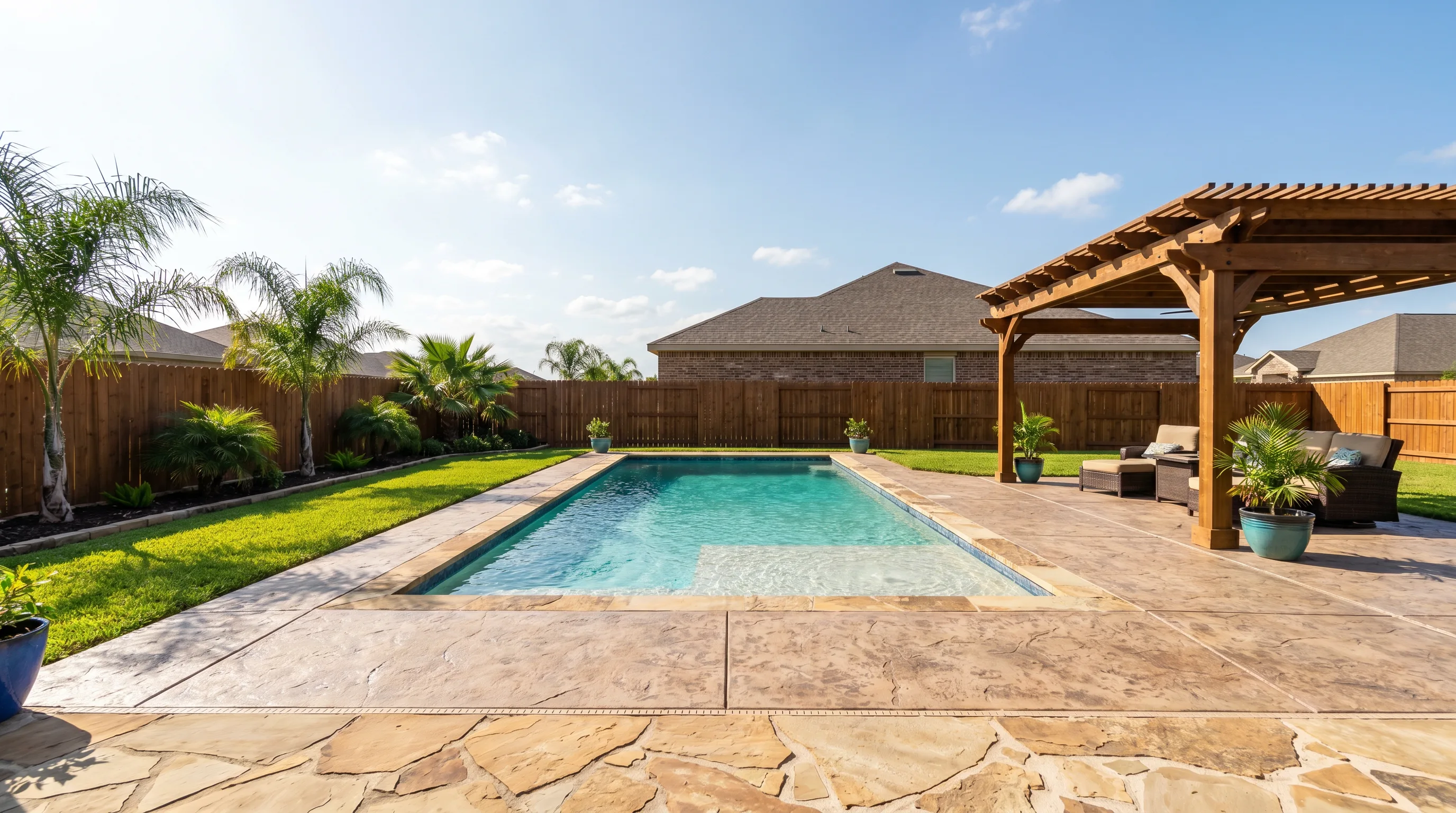 Backyard after Kinetic Pools built a fiberglass pool, deck and pergola
