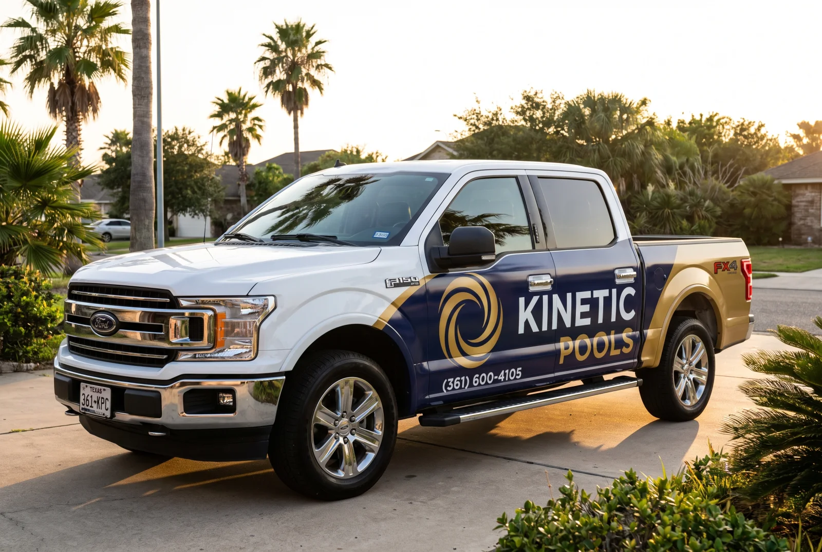 A branded Kinetic Pools truck parked in a Corpus Christi driveway