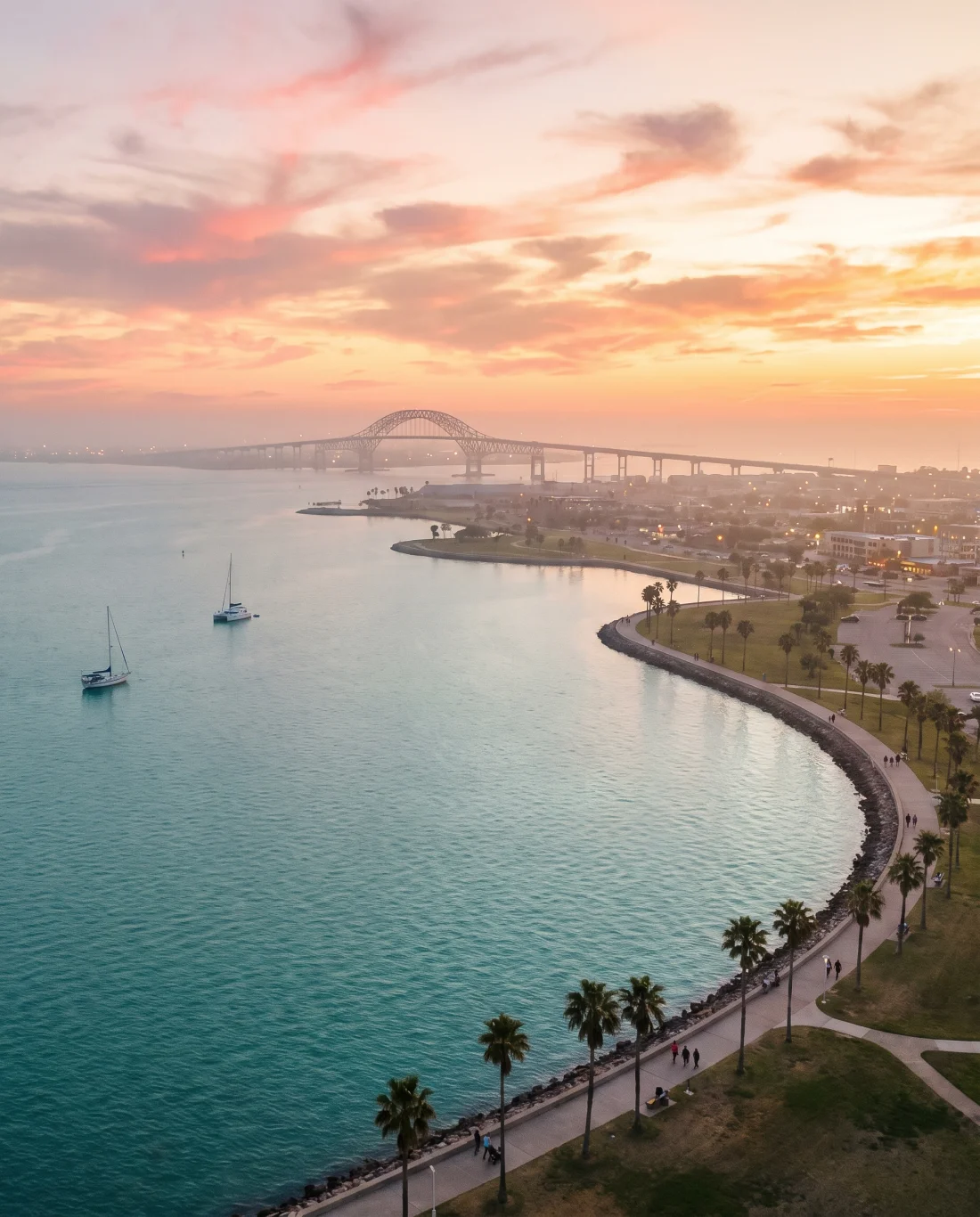 The Corpus Christi bayfront and Harbor Bridge at golden hour