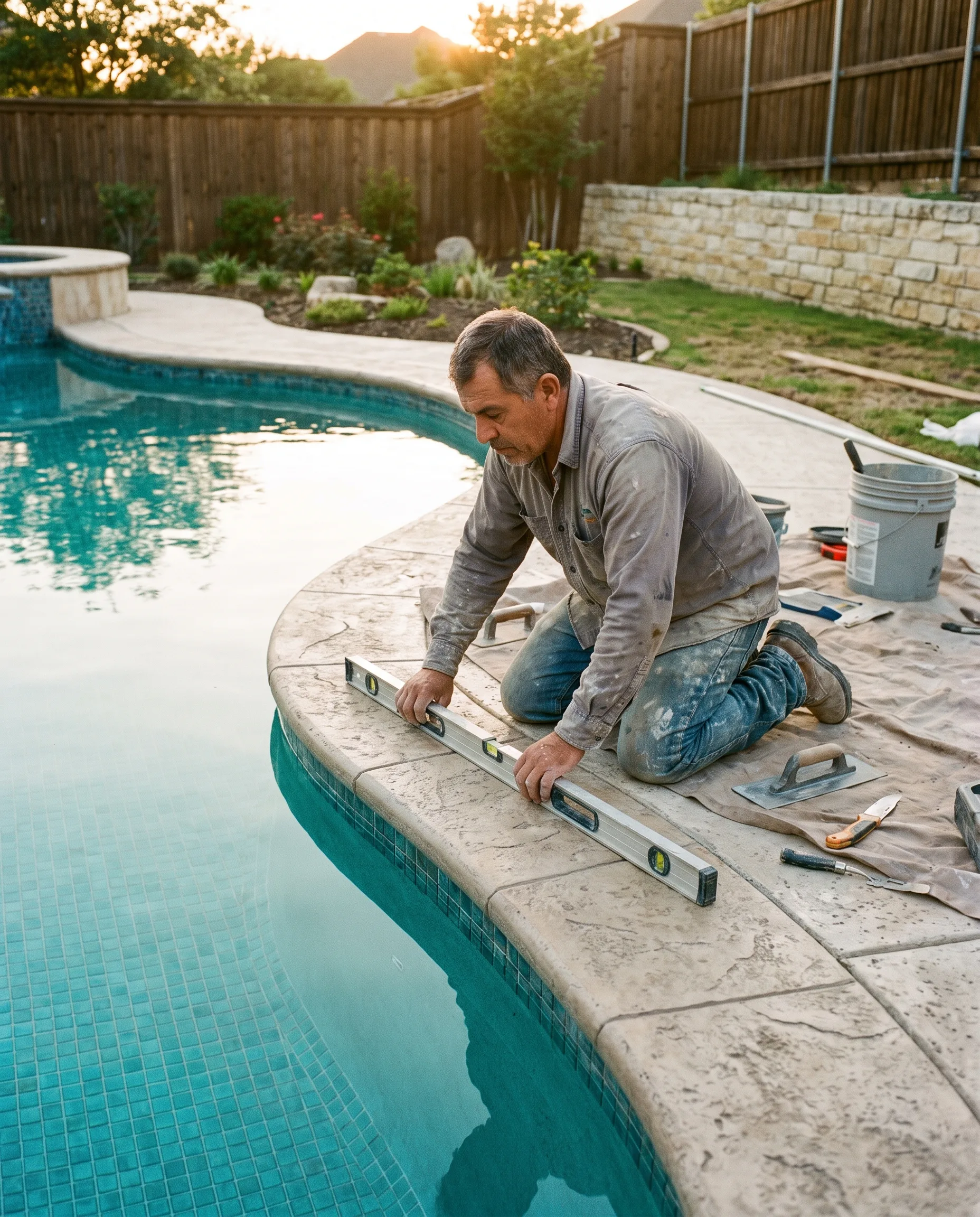 Kinetic crew pouring and finishing the decorative concrete deck