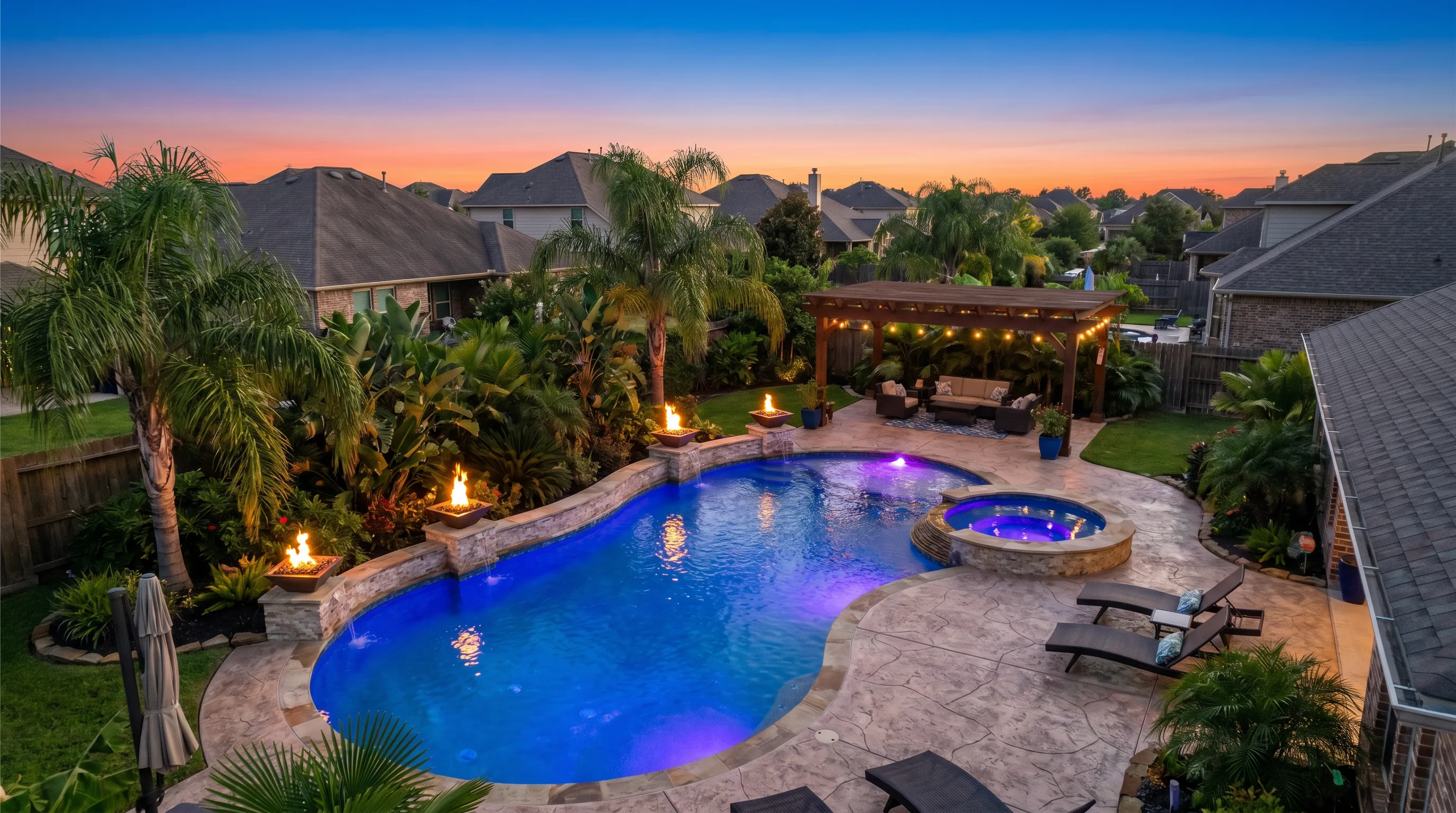 Aerial view of a finished backyard pool oasis at twilight
