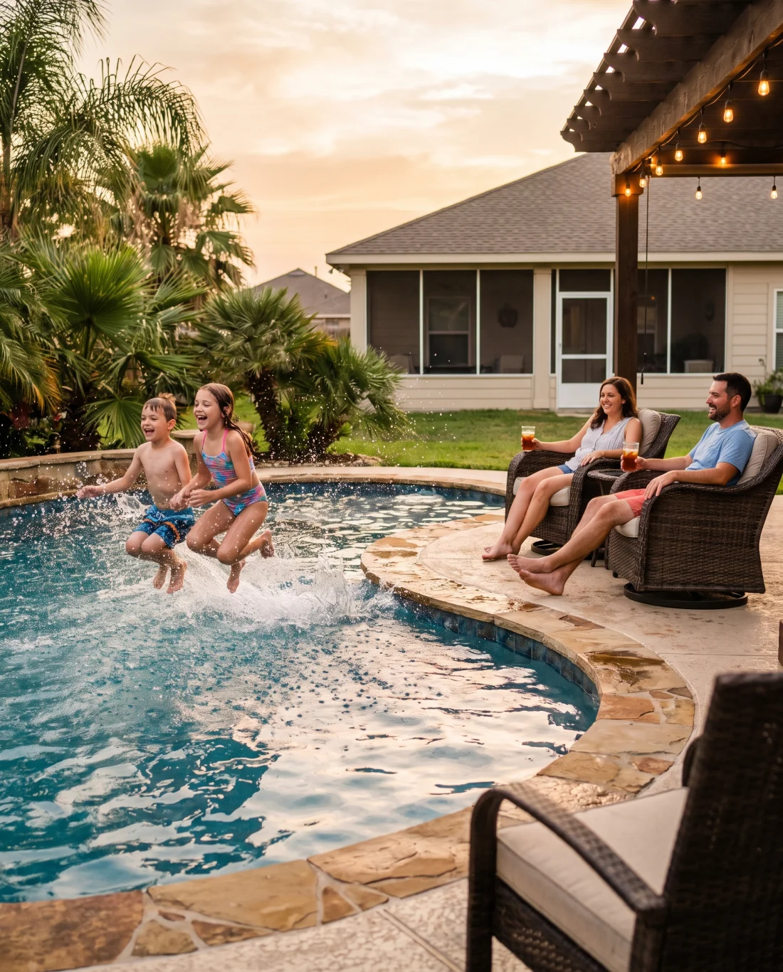 A happy Corpus Christi family enjoying their new backyard fiberglass pool at golden hour