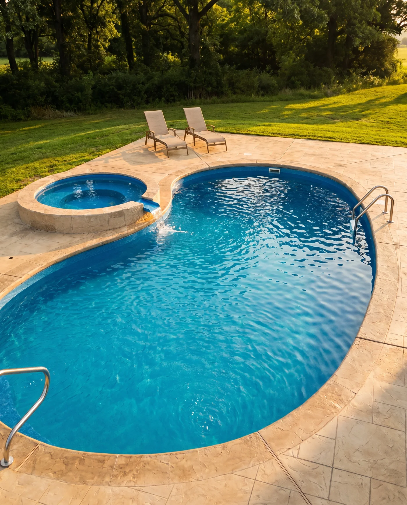 Real Kinetic freeform fiberglass pool with a spillover spa