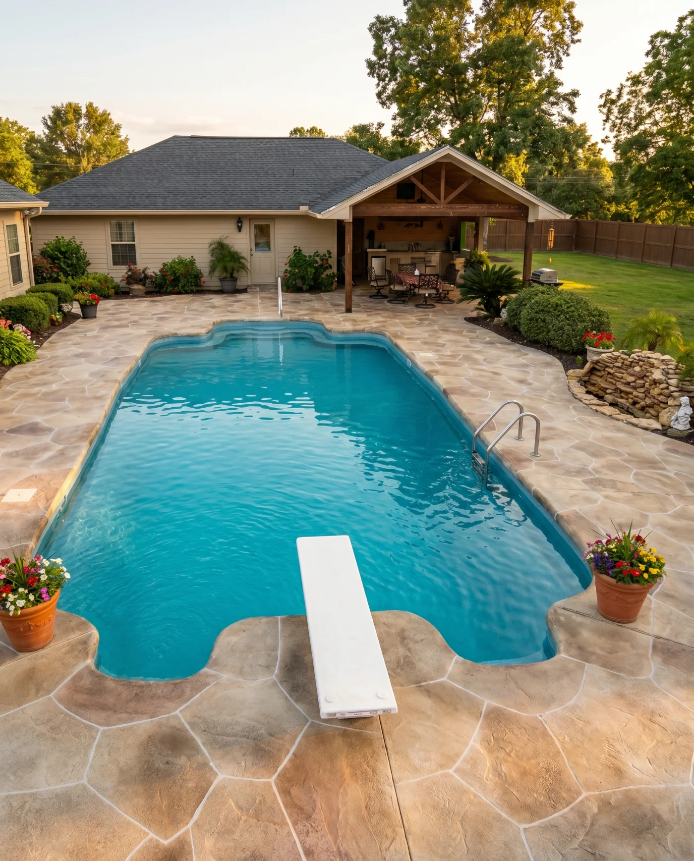 Real Kinetic freeform fiberglass pool with a diving board, pergola and stamped concrete deck