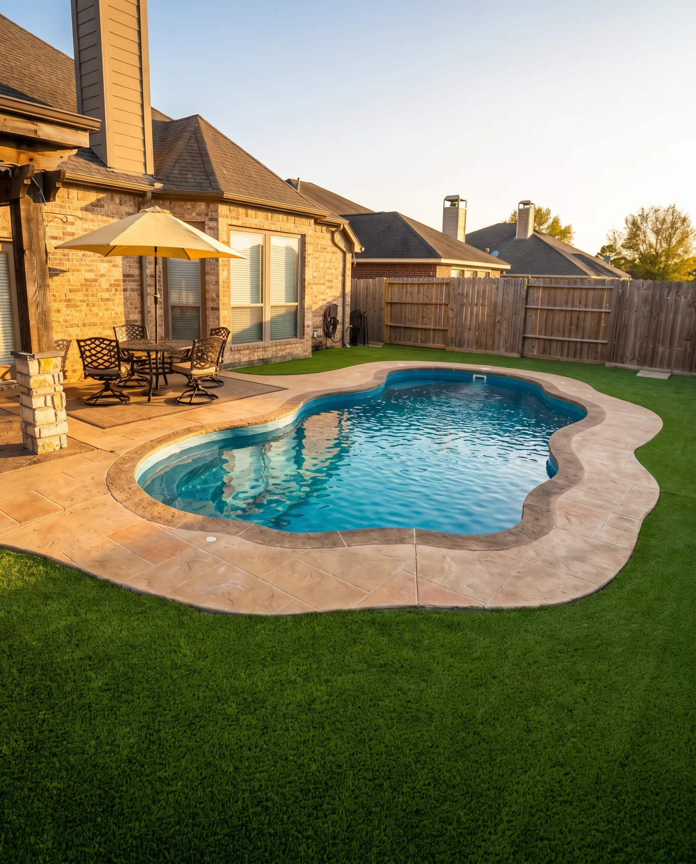 Real Kinetic freeform fiberglass pool with a tanning deck and umbrella