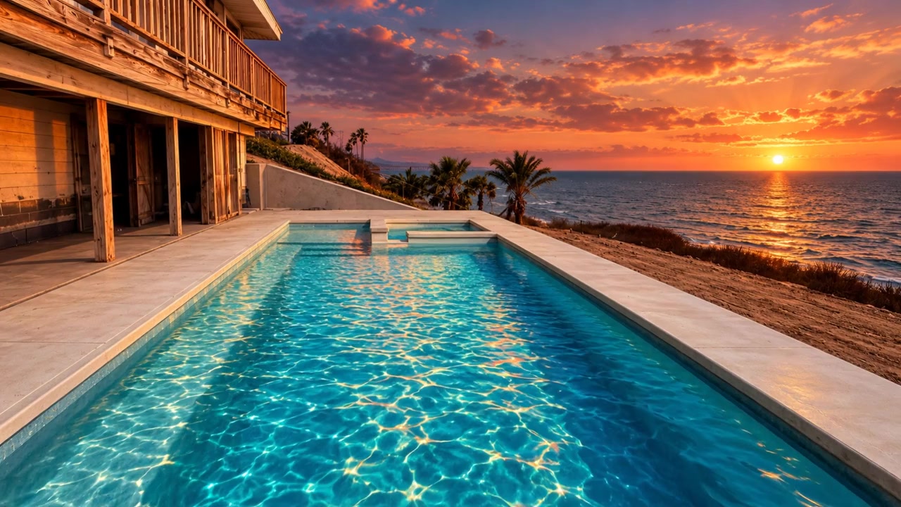 Cinematic treatment of a Kinetic Pools pool and spa project beside a coastal home